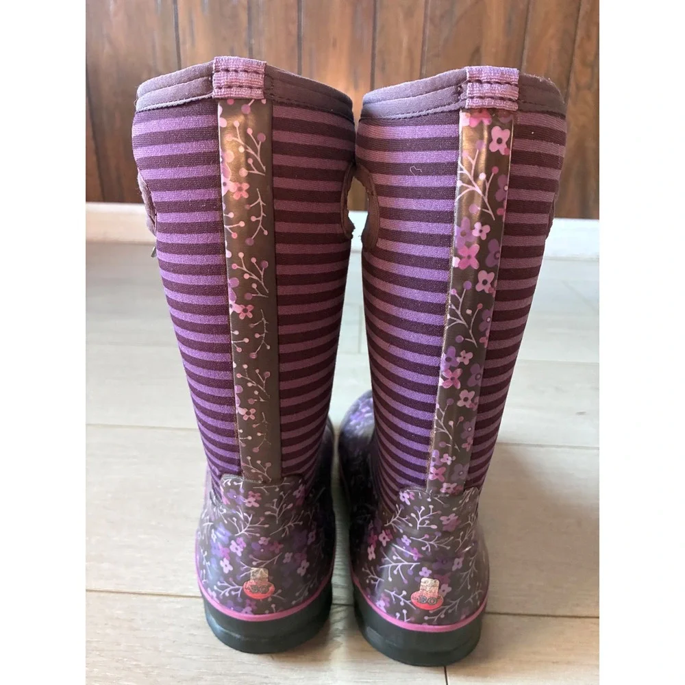 Bogs Classic Flower Stripe Purple Floral Rain Boots Kids Youth 5